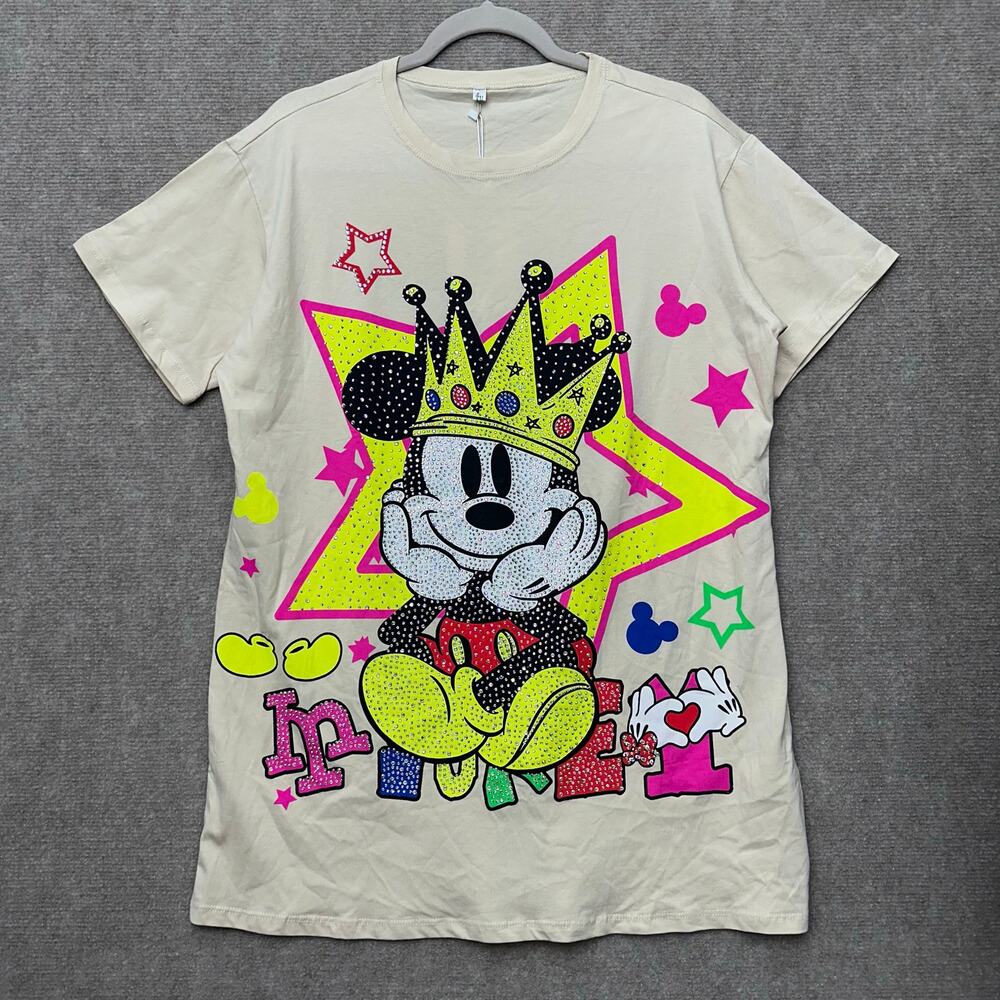 Y2K Style Boutique Mickey Crown Rhinestone Bling Neon Pop Art Tee Shirt Cream XL